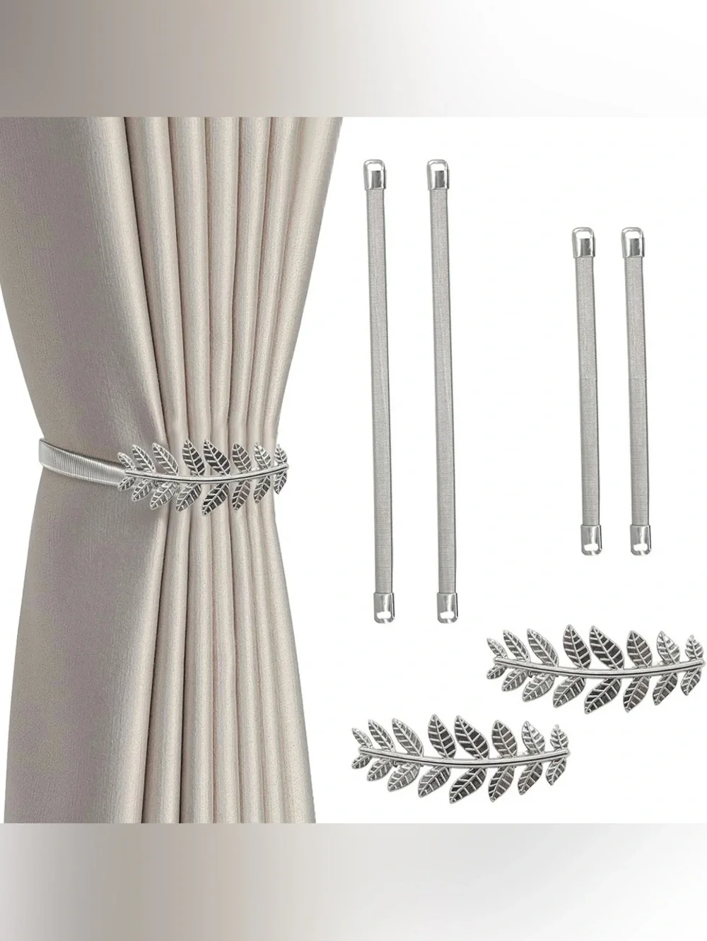2 Pack Curtain Holdbacks | Silver-Tone Leaf with Elastic Bands | Like New